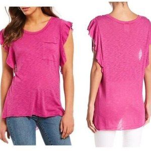 Free People So Easy Ruffle Sleeve Top Tee Fuchsia Pink Magenta Row Edges T-shirt